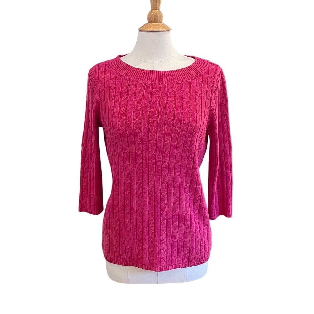 Talbots Bright Pink Cable Knit Round Neck Sweater, Preppy, Academia, Size LP